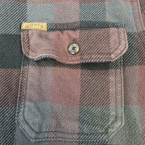 Orvis Shirt Mens Medium Red Gray Plaid Flannel Double Pocket Button Up Shacket - Picture 13 of 16